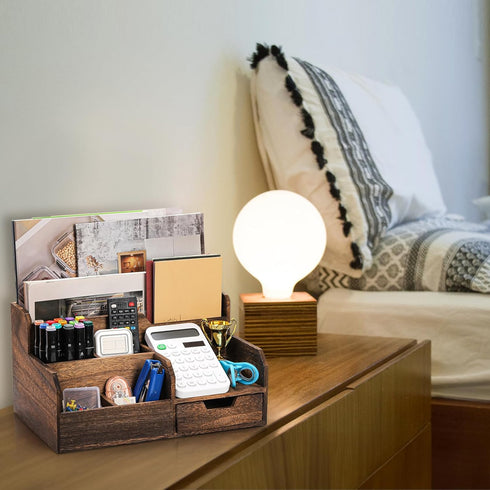 Brown Wooden Mail Organizer with 7 Compartments and Drawer, Rustic Desk Organizer with Pen Holder, Tabletop Mail Basket