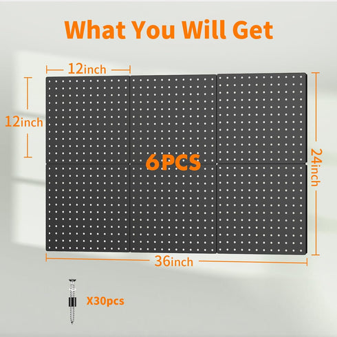 Peg Board, 6PCS Heavy Duty Metal Pegboard Wall Organizer with Frame, Black Pegboard for Garage, Craft Room Organization