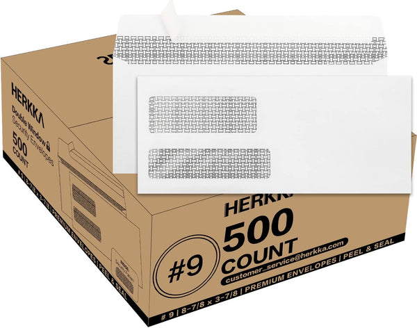 HERKKA #9 Double Window Security Envelopes, 500 Pack, Designed for Quickbooks Invoices, 24 LB