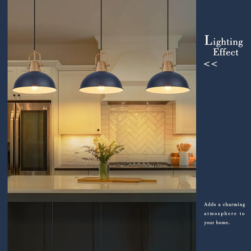 Emliviar 2 Pack Hammered GE269MIL-2 Blue Pendant Light, Metal Haning Lighting Fixtures with Wood Grain Part, BL+WD