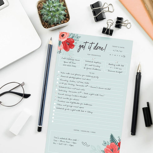 Modern Chic Floral Daily Notepad, 6" x 10" Sticky Note Fill in Priority List, Mint Coral Red Productivity Pad