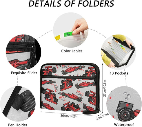 Sport Cars File Folders, Plastic Expandable Folder with 13 Pockets, A4 Letter Size for School Office
