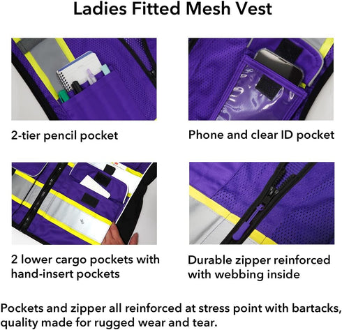 Women's Mesh Reflective Vest with Pockets - High Visibility ANSI Class 2, Made with 3M Reflective Tape, Purple XL