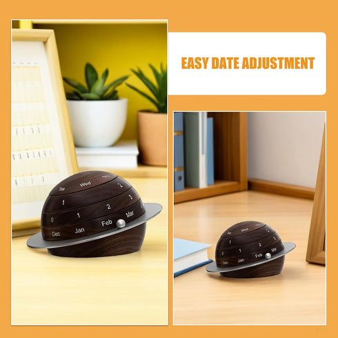 Wooden Rotating Perpetual Desk Calendar with Vintage Earth and Planet Design, Minimalist Office and Home Desktop