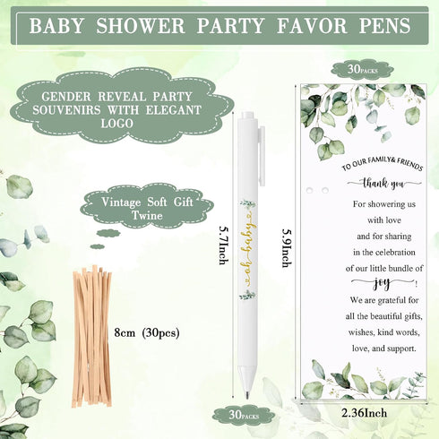Greenery Baby Shower Pens Decoration Baby Shower Party Games Gift Cards with String Black Ink Retractable Ballpoint Pens for Girl Boy Gender Reveal Party Guest Prizes(30 Set) by Tenceur