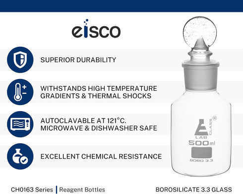 EISCO Labs 500ml Borosilicate Glass Reagent Bottle with Wide Mouth and Penny Stopper