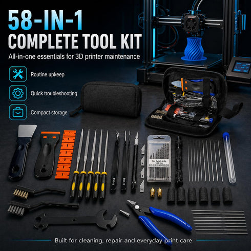 3D 58 99% Nozzle Printer Tool Kit Accessories - Pcs Solve Print Failures Clean Maint - with Scraper Brush Pliers