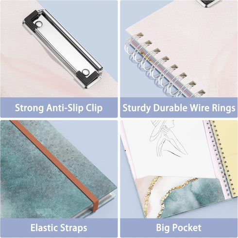 Rimilak Spiral Clipboard Folio, 14.5 x 9.8 Inch, Refillable Lined Notepad, Cute Stylish Clipfolio, Pink Gold Marble