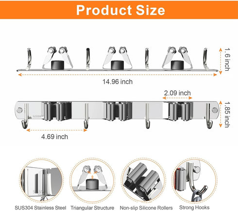 Mop and Broom Holder Wall Mount, Upgraded Organizer, Stainless Steel for Home Kitchen Garden