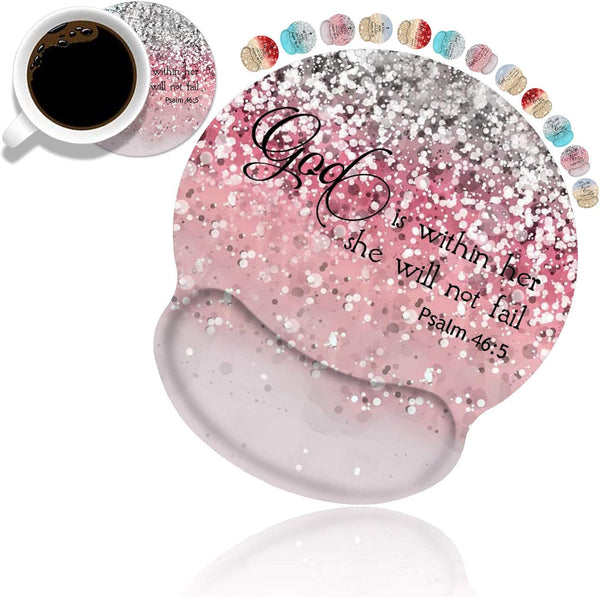 Ergonomic Mouse Pad with Wrist Support and Coasters Set, Cute Non-Slip PU Base, Pink Glitter Quote Bible Verse