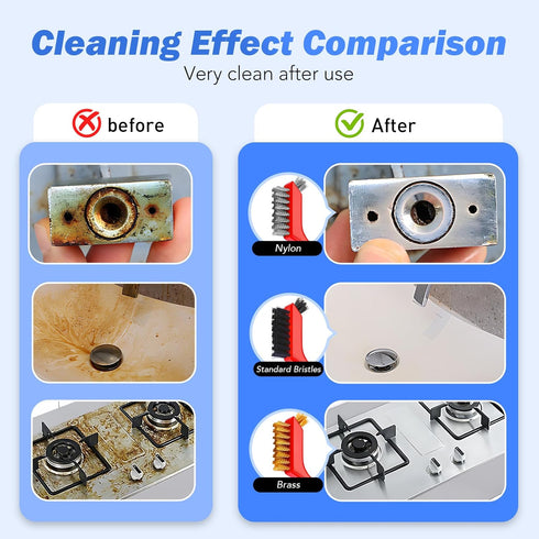Wire Brush Set, 6 Pcs Brass, Stainless Steel, Nylon Brushes for Cleaning, Curved Handle for Rust Removal