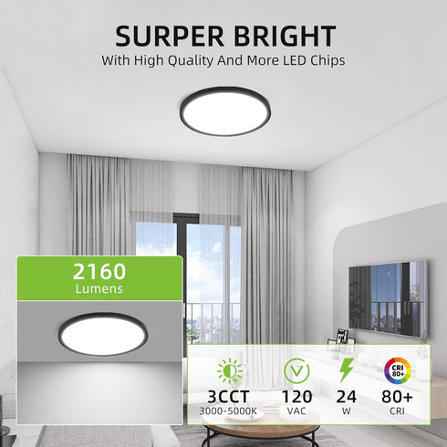 12 Inch 24W 3000K/4000K/5000K, Closet hykolity Selectable CCT LED Round Flat Panel Light, Edge-Lit Flush Mount Ceiling