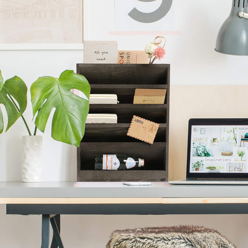 Vintage Rustic Wooden 5 Slot Wall Mounted Document Filing Organizer, Distressed Torched Wood Magazine Rack, Mail Holder