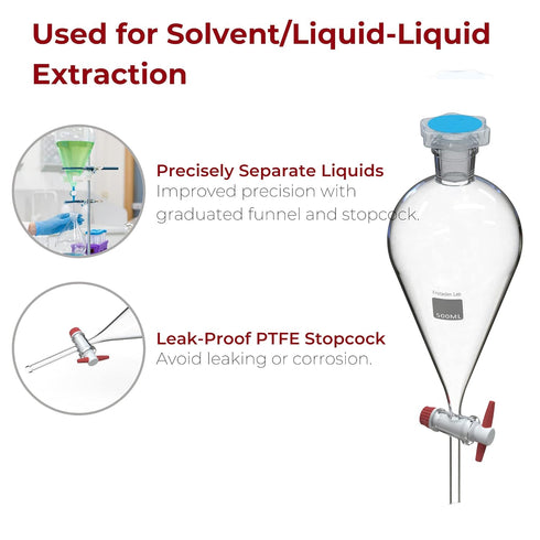 American Fristaden Lab 500mL Separatory Funnel, PTFE Stopcock Valve, Borosilicate Glass
