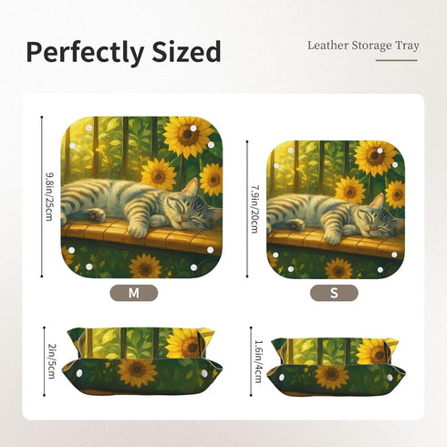 KKdskkds Sleeping Cat On Sunshie Bench Sunflowers Personalized Fun Leather Storage Tray Desktop Organizer Decorative