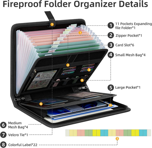Huolewa Fireproof Accordion File Organizer, Portable Expanding Folder with Waterproof Zipper