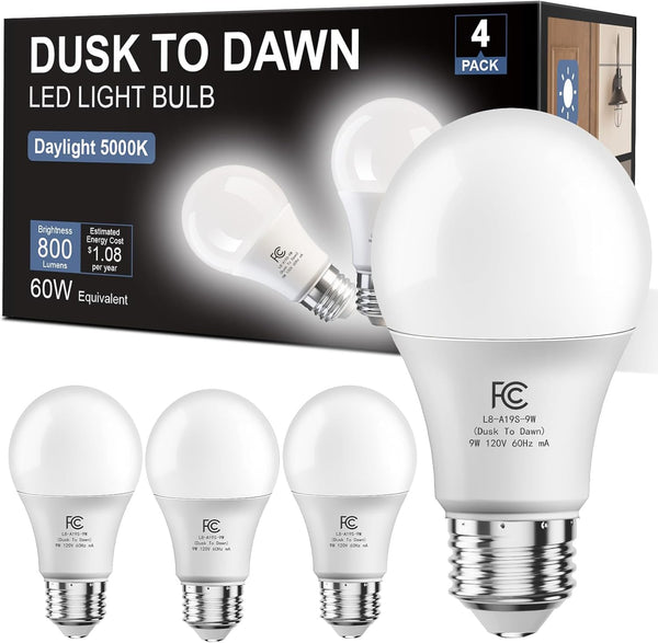 DAYBETTER 4 Pack A19 Dusk to Dawn Light Bulbs Outdoor, Auto On/Off