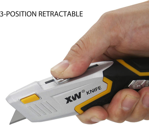 XW Auto Loading Utility Knife with 3-Position Retractable Box Cutter and 5 Pre-loaded Blades, Bonus 10 Blades