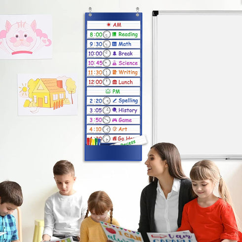 Daily Schedule Pocket Chart, Class Schedule with 13+1 Pockets, 18 Dry Eraser Cards, 2 Easy Over Door Mountings (Blue)