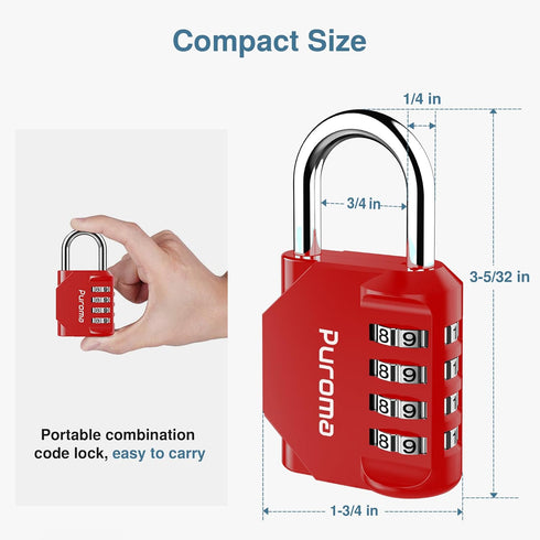 Puroma 1 Pack 4 Digit Combination Lock, Outdoor Waterproof Padlock for School and Gym Lockers, Red
