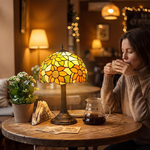 6 Inch Dimmable Bulb 2700K E27 Style Table Lamp with Stained Glass Sunflowers Small Antique Desk Lamp Bedside