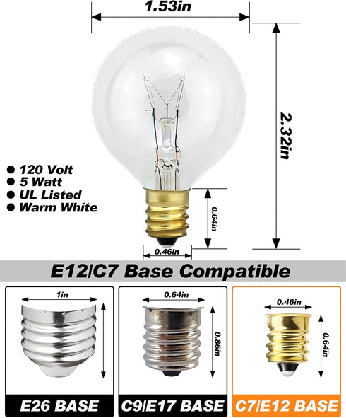 Adirxon 25-Pack G40 Bulbs, Bulbs 5W Dimmable, E12 2200K Globe Replacement Clear Glass Incandescent Light for Outdoor