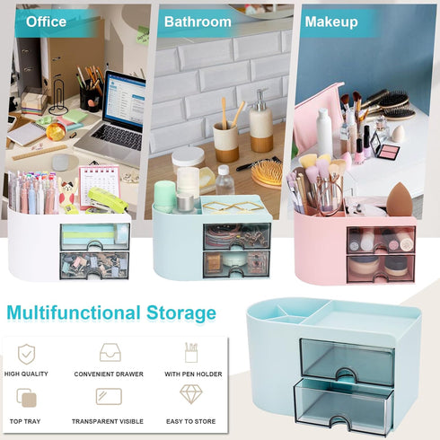Desk Organizer with Drawer, Pen Organizer for Desk, Small Pencil Holder with 2 Drawers + 4 Compartments (Blue)