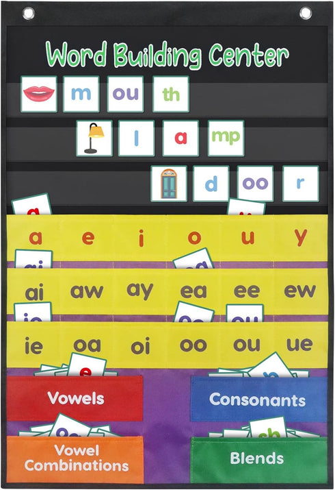 Boczif Word Building Center Pocket Chart for Preschool Learning, Word Recognition with Word Families Cards