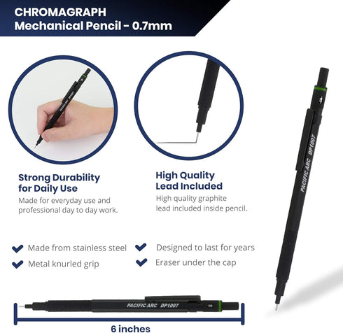 Pacific Arc Chromagraph Metal Mechanical Pencil .7 mm Black Barrel Mechanical Pencil with Built In Adjustable Pencil Grade, Lead Pencil Holder for Drafting, Sketching, and Drawing by Pacific Arc