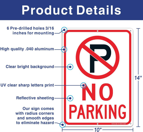 No Parking Sign with Symbol, 14 x 10 Inches Reflective Aluminum, UV Protected, Weather Resistant, Easy to Mount