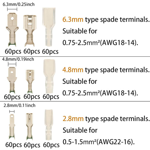 540pcs 2.8mm 4.8mm 6.3mm Male and Female Spade Connectors Kit with Insulating Sleeve, Crimp Connectors Crimp Terminals Electrical Connectors, Electrical Terminals for Electrical Wiring