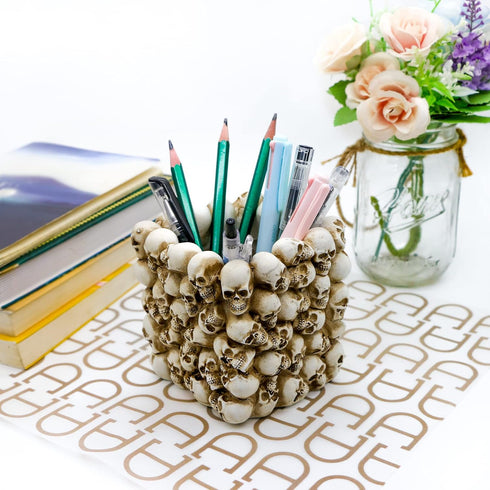 Halloween Decor Skull Pen Holder - Goth Human Skull Makeup Accessory Brush Holder for Desk Gothic Spooky Pencil Cup Desktop Storage box Organizer for Home Office Women Man Birthday Gift