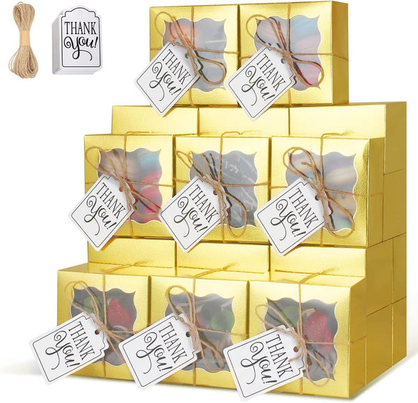 KPOSIYA 10 Pcs Gold Bakery Boxes with Window, Individual Cupcake Boxes 4x4x2.5 Inches for Cookies, Pastries, Macaroon