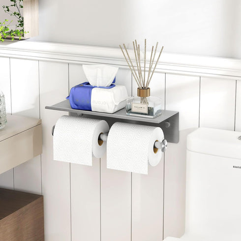 304 YUMORE Toilet Paper Holder, Stainless Steel Bathroom Double Roll Tissue Holder with Shelf, Wall Mounted Washroom