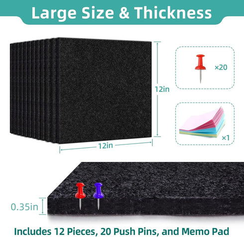 Large Cork Board for Walls, 12 Pack Black Felt Wall Tiles, 47"x35" with Push Pins & Sticky Tabs