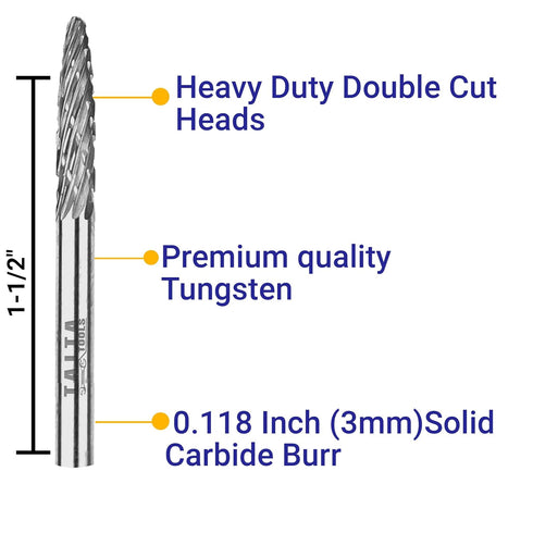 10PC Double Cut Carbide Burr Set - 0.118" (3mm) Shank, Rotary Tool Cutting Burrs for Wood Carving, Metal Working