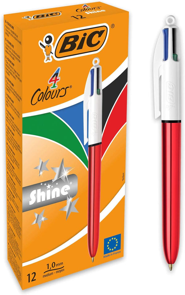 Bic 4 Colours Shine Ballpoint Pens, Medium Point (1.0 mm), Metallic Red Barrel, Box of 12