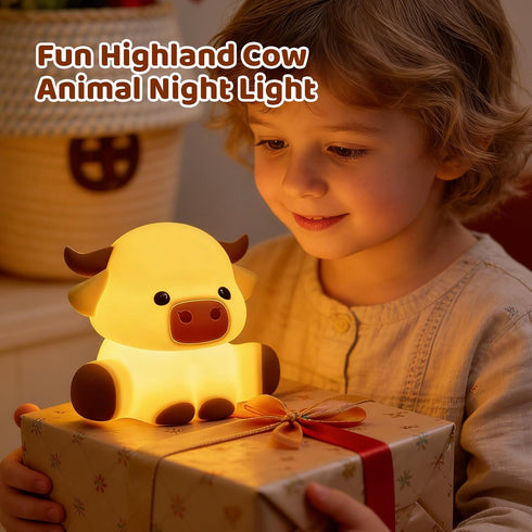 7 Dimmable Cute Highland Cow Night Light, LED Touch Silicone Lamp for Bedroom with Colors Timer and Squishy