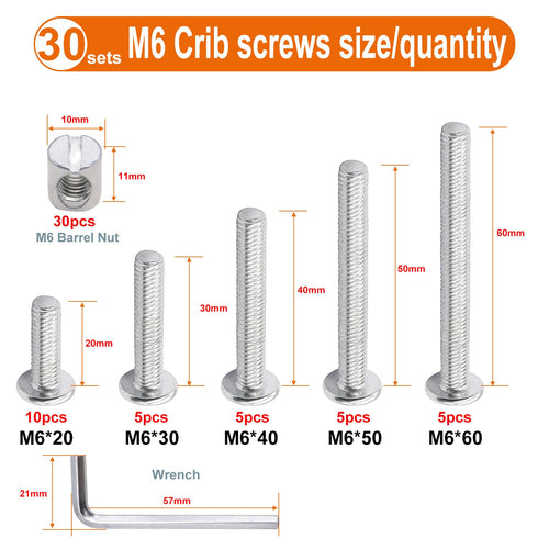 weideer 30sets M6x20/30/40/50/60mm Crib Screws Hardware Replacement Kit Baby Bed Frame Bolts Hex Drive Socket Cap