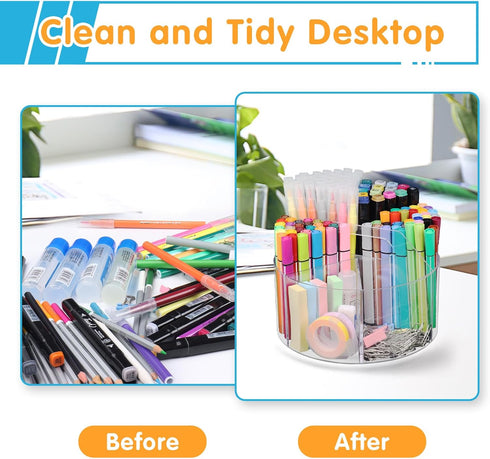 Large Acrylic Pen Holder, 360 Degree Rotating Desk Organizer with 6 Compartments, Office Marker Storage Caddy