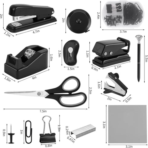 Black Desk Accessory Kit Cute Office Supplies Set Desktop Stapler Set includes Staple Remover Hole Punch Tape Dispenser Ballpoint Pen Scissor Mini Box Cutter Tape Measure Paper Clips Sticky Notes by Kogcmeetl