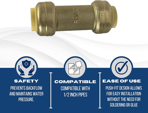 XFITTING 1/2" x 1/2" Push Fit Check Valve, Certified to NSF ANSI 61, Brass Plumbing Fitting for Copper, Pex