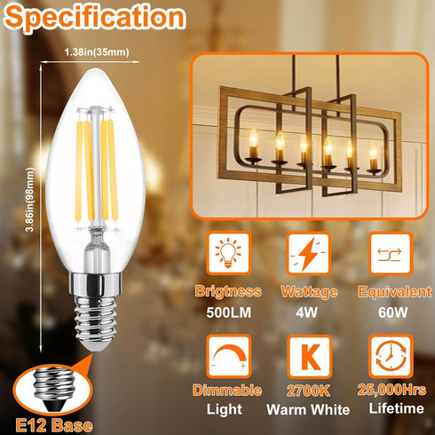 Rnyloas C35 B11 Bulb Dimmable, 12 C35 B11 Bulbs 2700K 4W 60W 120V, 35 E12 Bulb Pack LED Light PCS Candelabra LED Warm