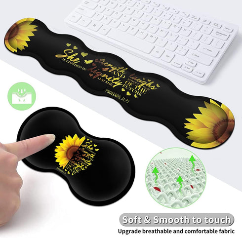Gaming Black Mouse Pad + Keyboard Wrist Rest XL Large Mouse Mat, Sunflower Christian Verse Proverbs 31-25