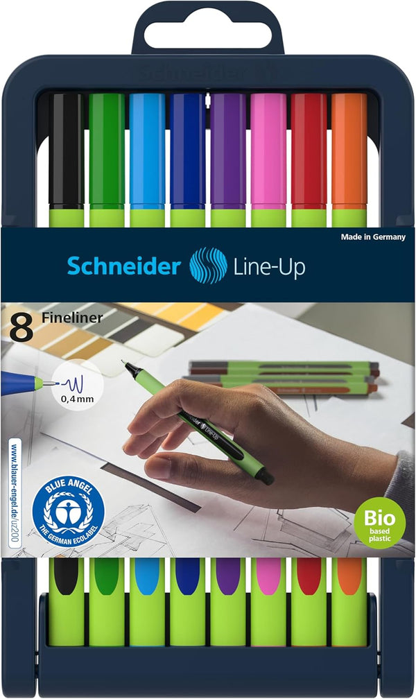 Schneider Line-Up Fineliner, 0.4 mm Fiber Tip, Light Green Barrel, 8 Pens with Assorted Ink Colors and Adjustable Case