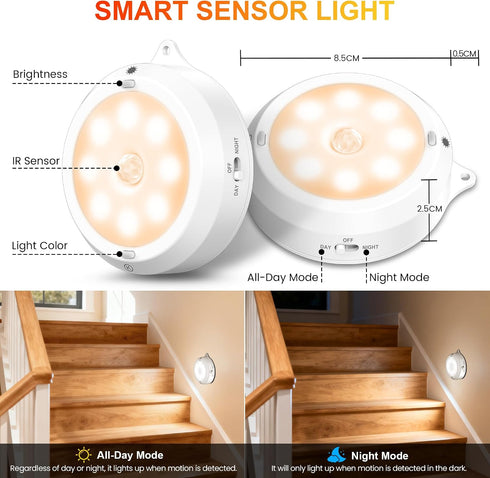 3 Pack, Closet 3 Dimming, 3 YiaMia Motion Sensor Night Light - Smart Wireless Lights, Light Colors + AA Battery