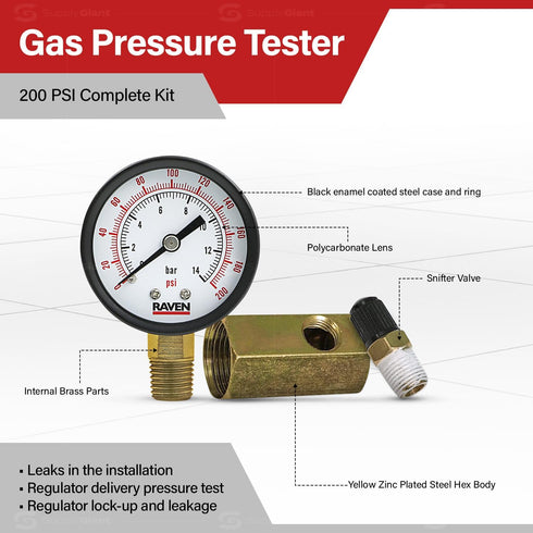 Low Pressure Gas Tester Gauge SH74-422, 0-200 PSI, 3/4" FIP Hex Body with 2" Display