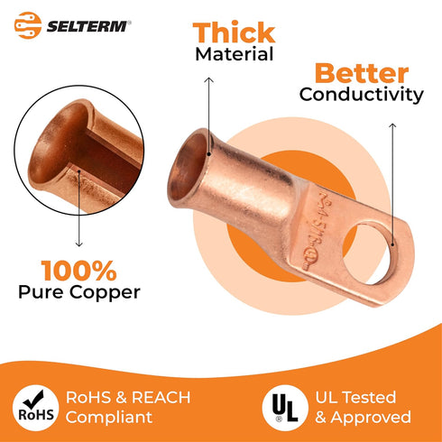 SELTERM 25pcs 4 AWG Battery Lugs, 5/16" Stud Ring Terminals, Heavy Duty Copper Wire Lugs, UL Bare Copper