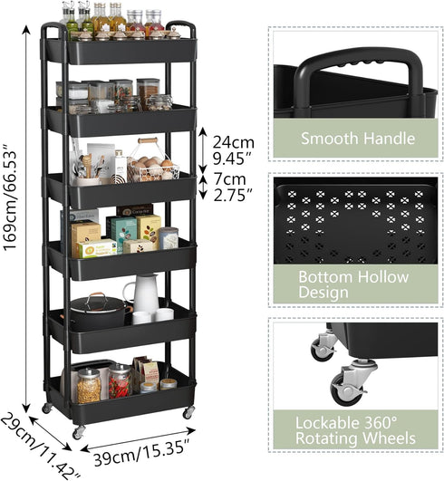 Sywhitta 6-Tier Plastic Rolling Utility Cart with Handle, Multi-Functional Storage Trolley for Office, Living Room,