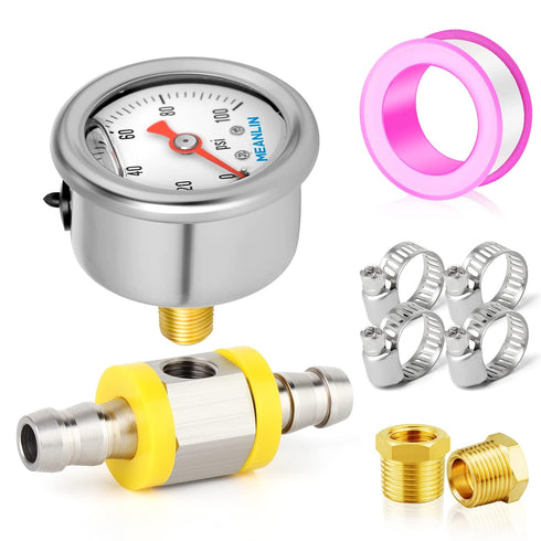 MEANLIN MEASURE 0-100Psi Pressure Gauge: Stainless Steel Glycerin Filled with 1/8" NPT 1.5" Face Dial, 9 Pieces Kit
